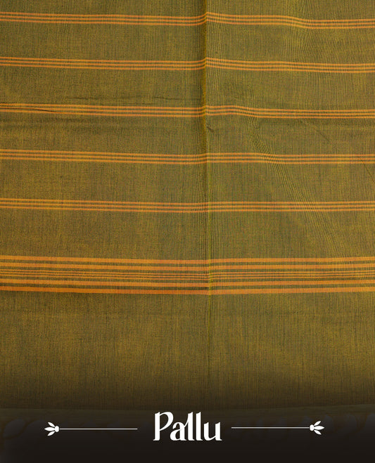 Olive colour chettinad cotton saree featuring Elegant plain body, complemented by contrast Black colour with Gold zari border, paired with matching blouse piece.