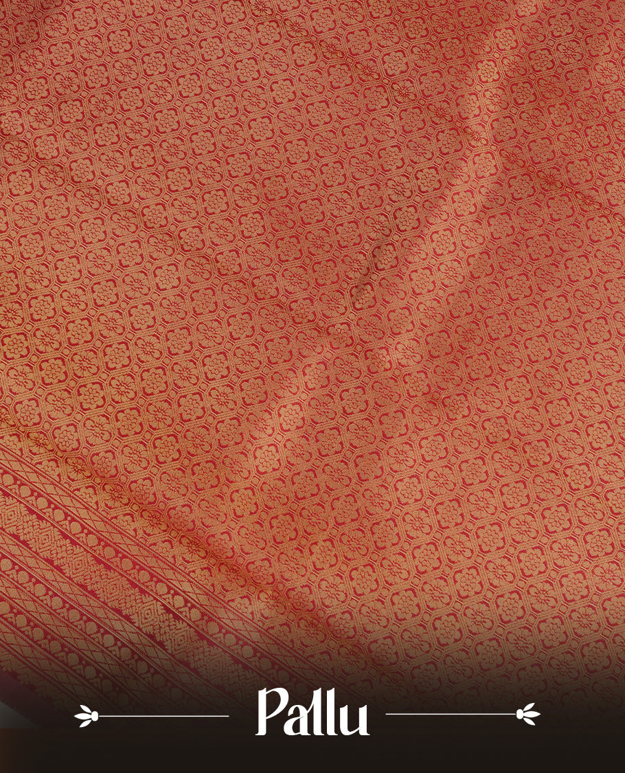 Cream Colour Semi Soft Silk Saree Featuring Gold zari Check With motifs Pattern On Body, Highlighted  by contrast Maroon border with Gold zari, paired with matching blouse piece.