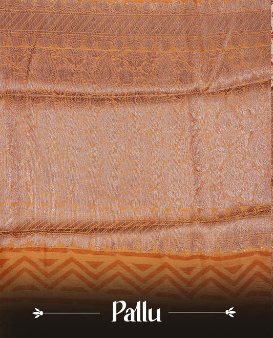 Mustard Colour Chanderi Silk Saree Featuring Floral Print On Body, Complemented by Self Colour with Antique Zari Border, Paired With Matching blouse Piece.