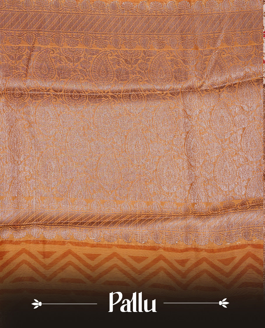 Mustard Colour Chanderi Silk Saree Featuring Floral Print On Body, Complemented by Self Colour with Antique Zari Border, Paired With Matching blouse Piece.