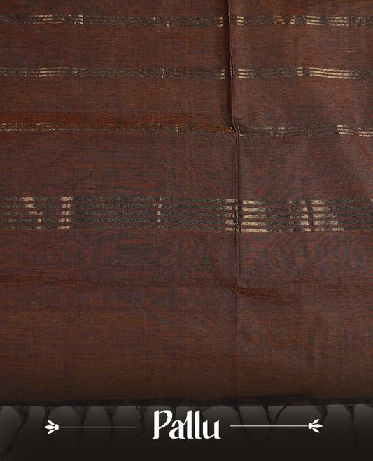 Brown colour chettinad cotton saree featuring Elegant plain body, complemented by contrast Magenta With Gold zari Border, paired with Matching blouse piece.