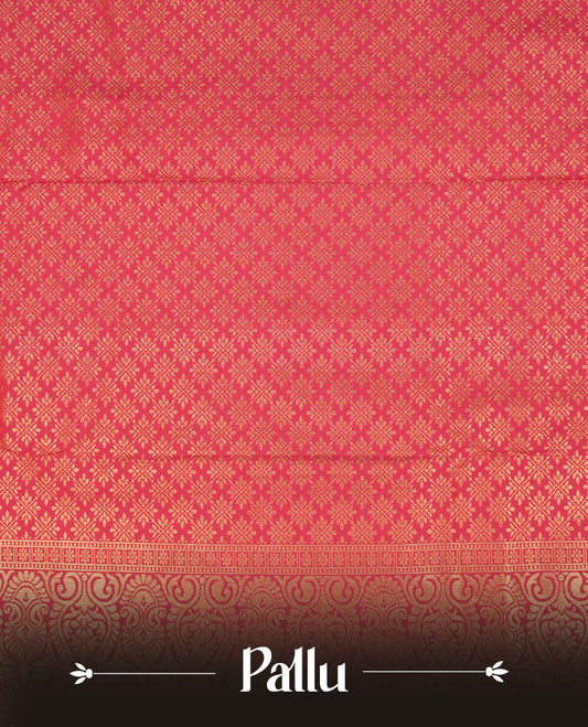 Peacock colour semi Wedding silk saree featuring Gold zari motifs on body, enhanced with Contrast red colour with traditional border, paired with matching blouse piece.