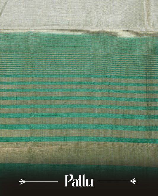 Light gold Colour Tussar saree featuring elegant plain body, complemented by contrast green colour with zari work border, comes with matching blouse piece.
