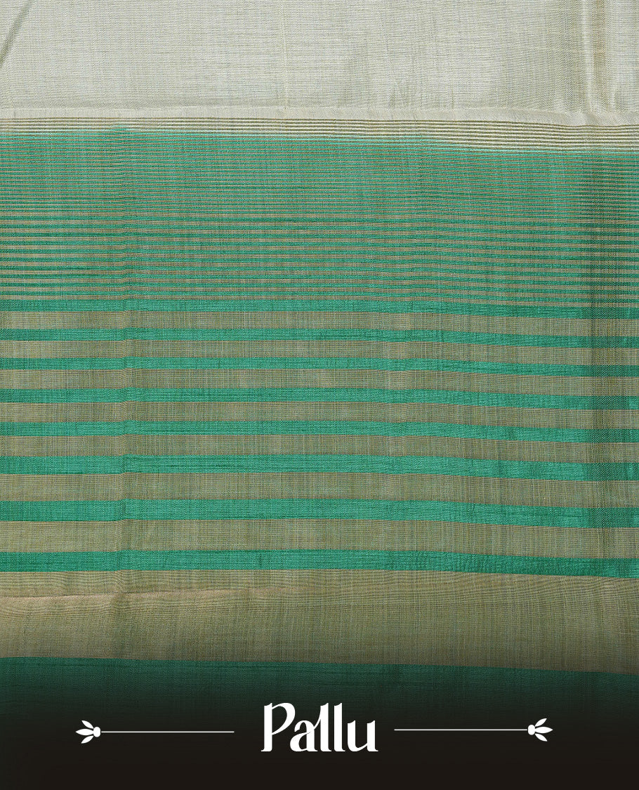 Light gold Colour Tussar saree featuring elegant plain body, complemented by contrast green colour with zari work border, comes with matching blouse piece.