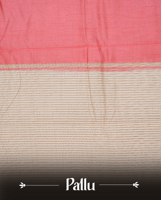 Pinkish peach colour Semi Tussar silk saree featuring an elegant plain body, accentuated by a contrast cream border adorned with intricate gold zari work, paired with a matching blouse piece.