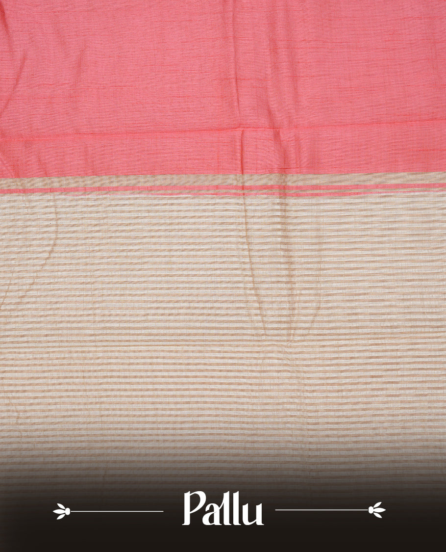 Pinkish peach colour Semi Tussar silk saree featuring an elegant plain body, accentuated by a contrast cream border adorned with intricate gold zari work, paired with a matching blouse piece.