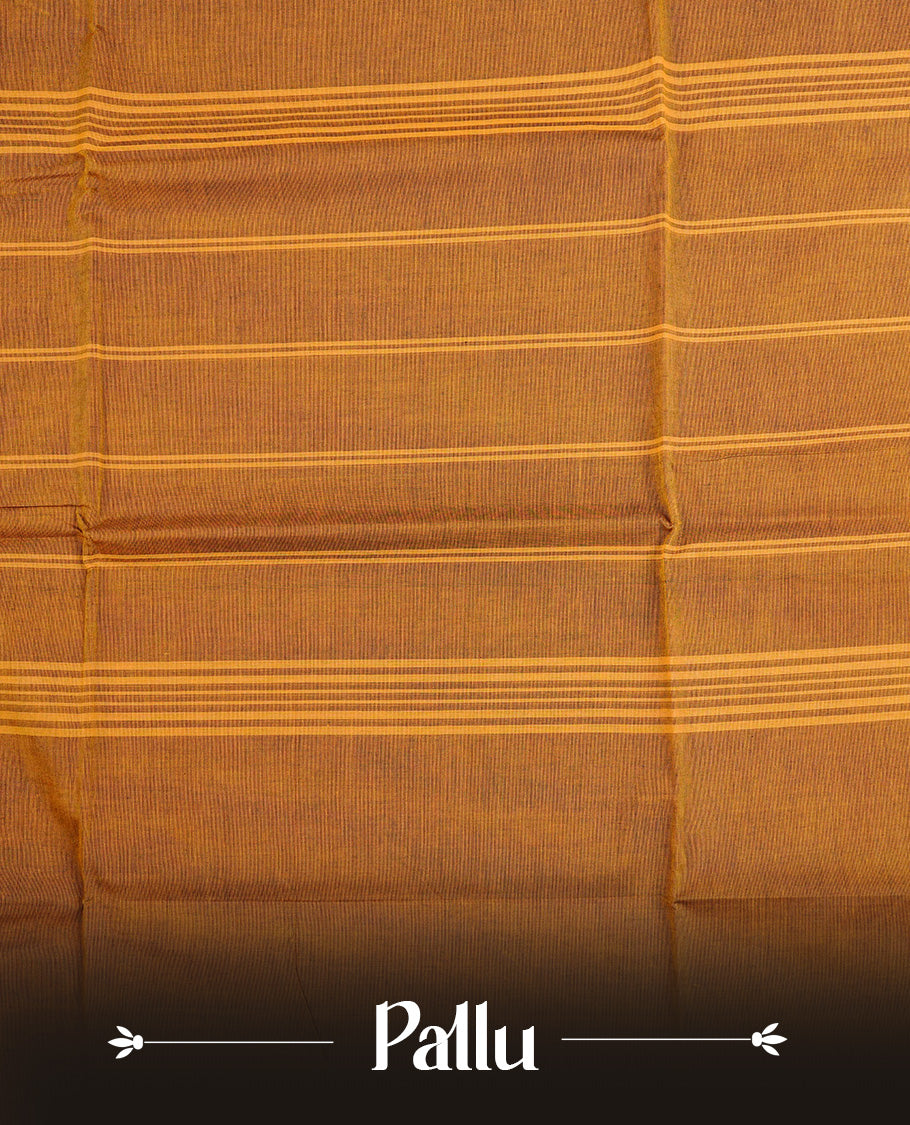 Mustard  colour chettinad cotton saree featuring  Plain body, complemented by Contrast Black  Colour With Traditional  Gold Zari border, paired with matching blouse piece.
