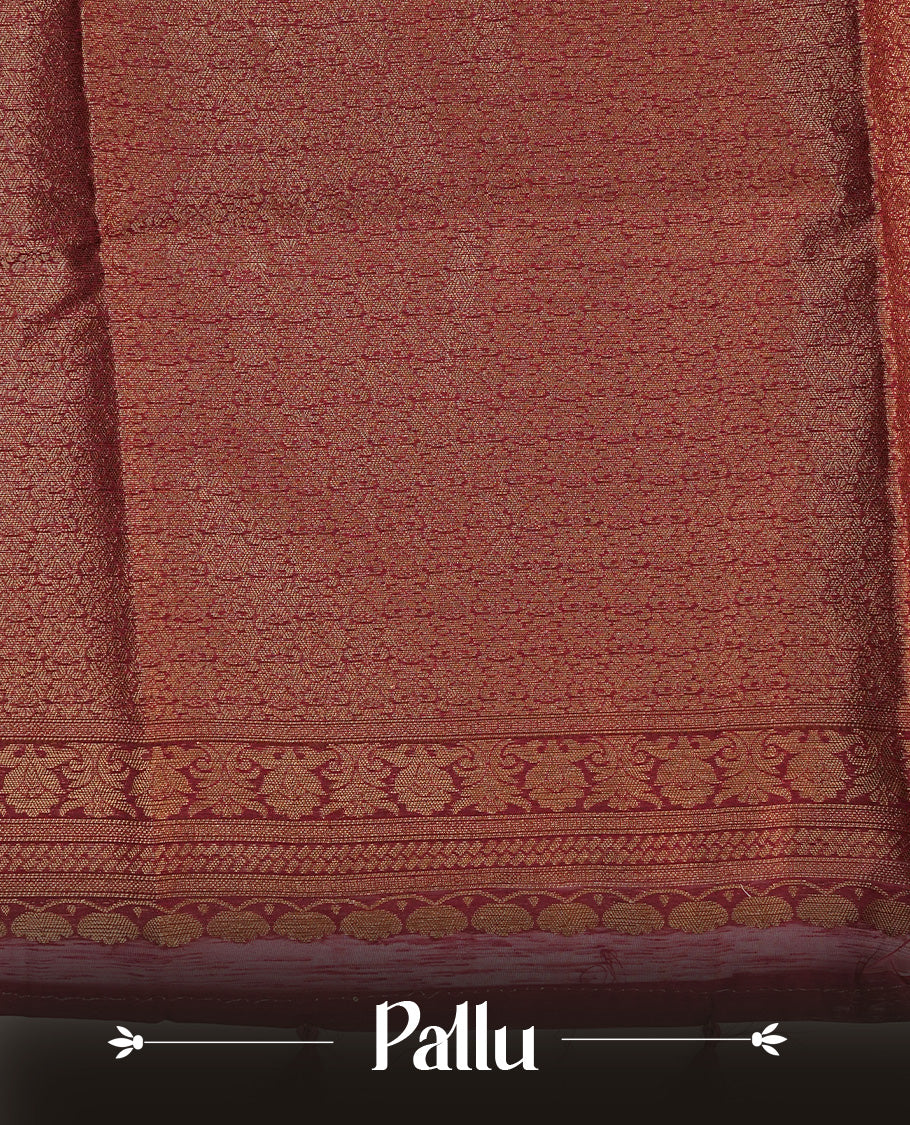 Light Green colour semi linen saree with elegant gold zari floral motifs across the body, complemented by a contrast  wine colour with grand gold zari pallu and a borderless design, paired with a matching blouse piece.