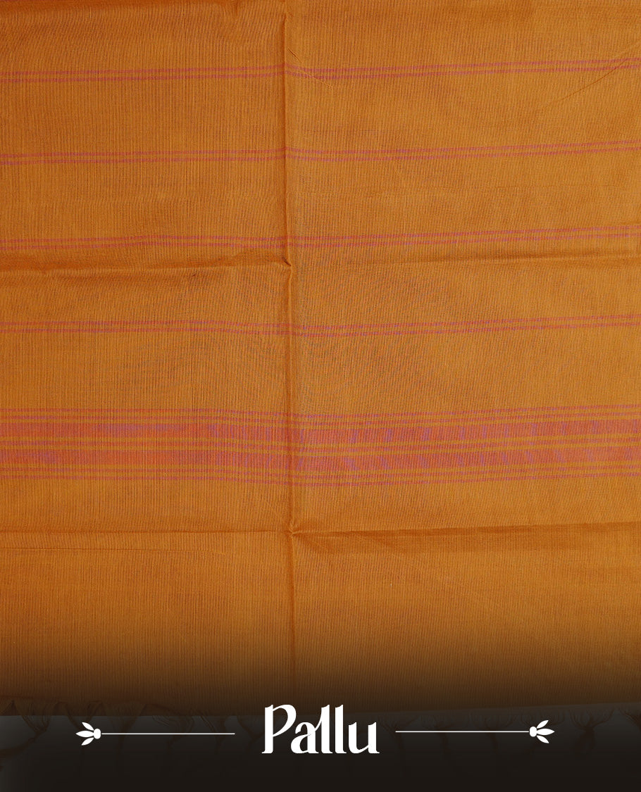 Dark  Mustard colour chettinad cotton saree featuring  Plain body, complemented by  Peacock & Floral  Gold Zari border, paired with matching blouse piece.