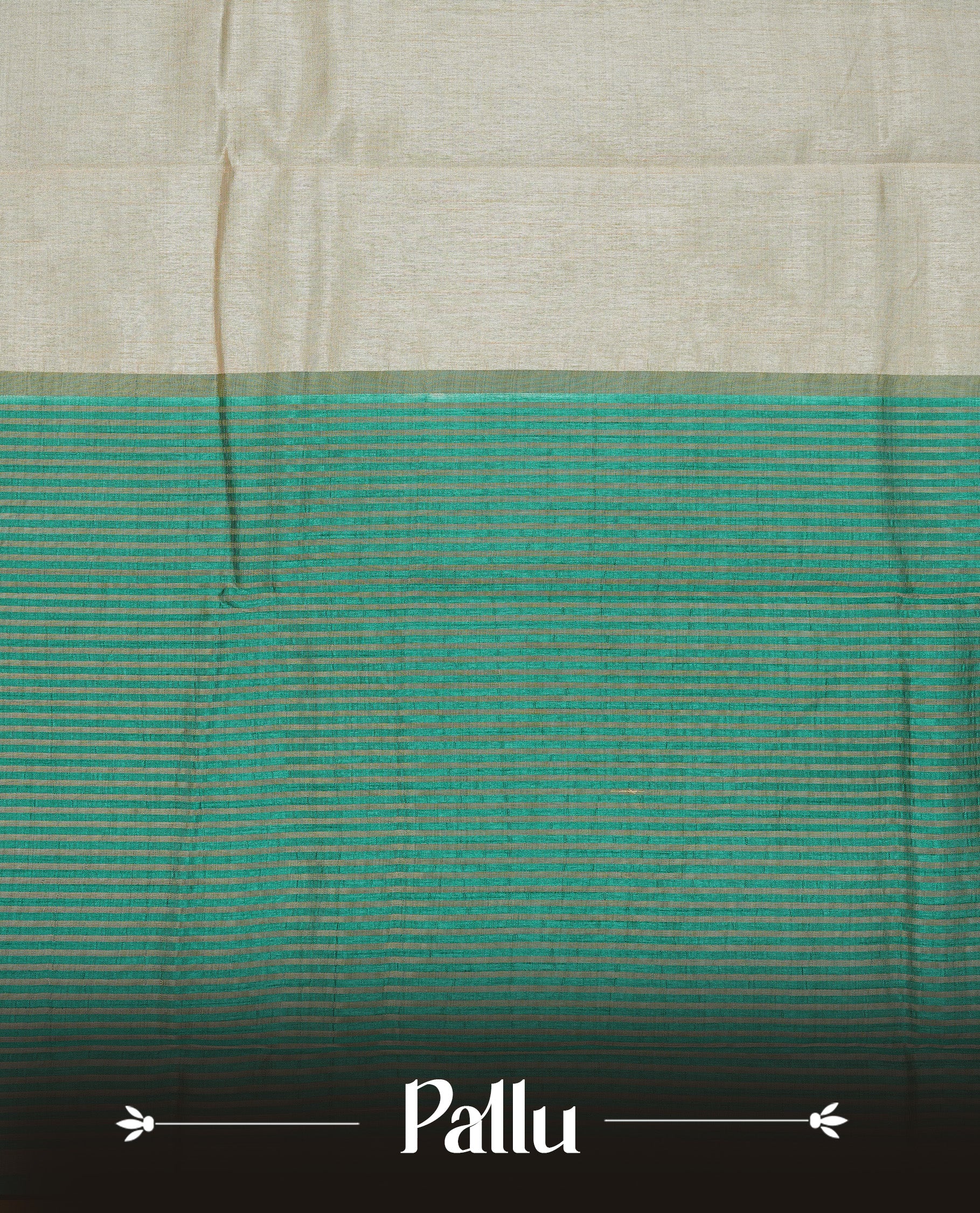 Cream colour Semi Tussar silk saree featuring an elegant plain body, accentuated by a contrast Green border adorned with intricate gold zigzag zari work, paired with a matching blouse piece.