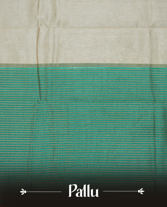Cream colour Semi Tussar silk saree featuring an elegant plain body, accentuated by a contrast Green border adorned with intricate gold zigzag zari work, paired with a matching blouse piece.