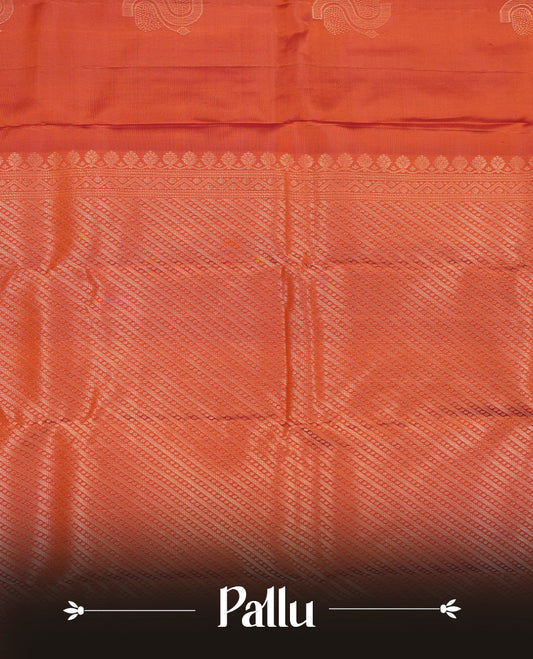 Burnt orange Colour Pure Kancheepuram Silk Saree having gold Floral pattern on Body without Border and matching Blouse