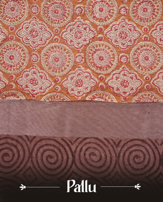 Brown colour Chanderi silk saree featuring Print on body, complemented by Brown colour with Antique zari border, paired with matching blouse piece.