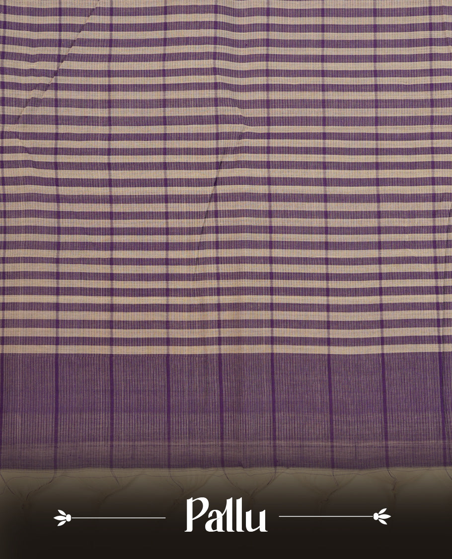 Off-white Mangalagiri cotton saree with delicate lavender checks, a contrast purple border & striped pallu. Paired with a matching blouse piece
