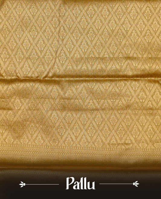 Olive & Gold colour Tissue silk saree featuring Maroon & Silver zari kodi pattern on body, enhanced with Zari border on self colour, paired with matching blouse piece.