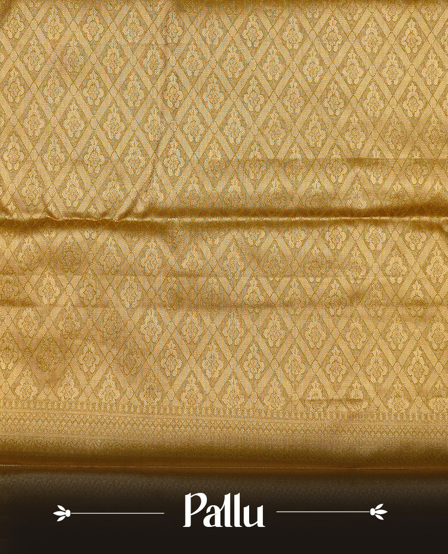 Olive & Gold colour Tissue silk saree featuring Maroon & Silver zari kodi pattern on body, enhanced with Zari border on self colour, paired with matching blouse piece.