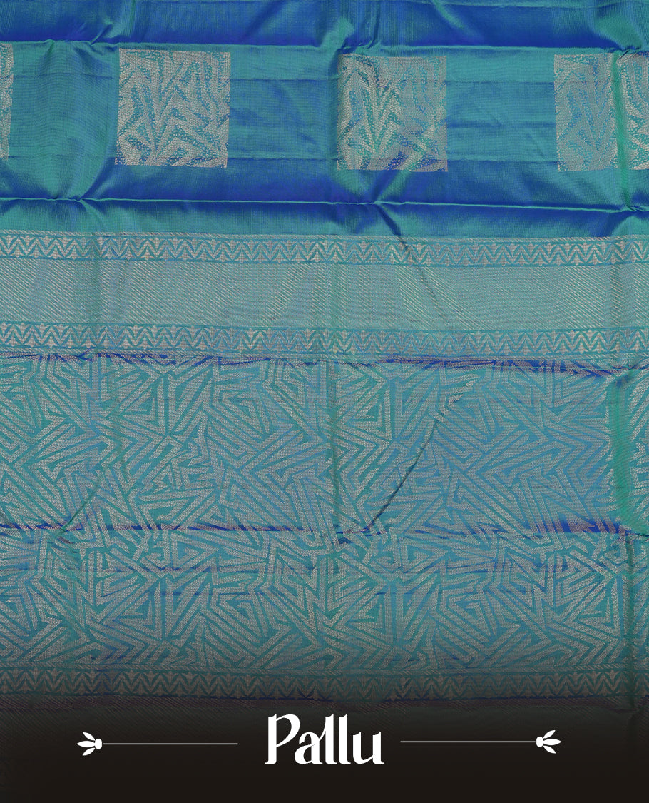 Peacock Colour Pure Kancheepuram Silk Saree having gold Square pattern on Body without Border and matching Blouse