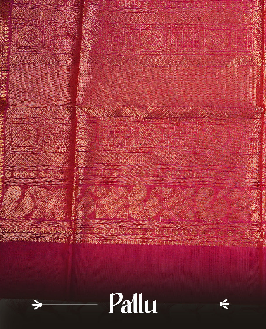 Magenta colour chettinad cotton saree featuring Gold Zari Stripes on body, complemented by Contrast Colour With Traditional  Gold Zari border, paired with matching blouse piece.