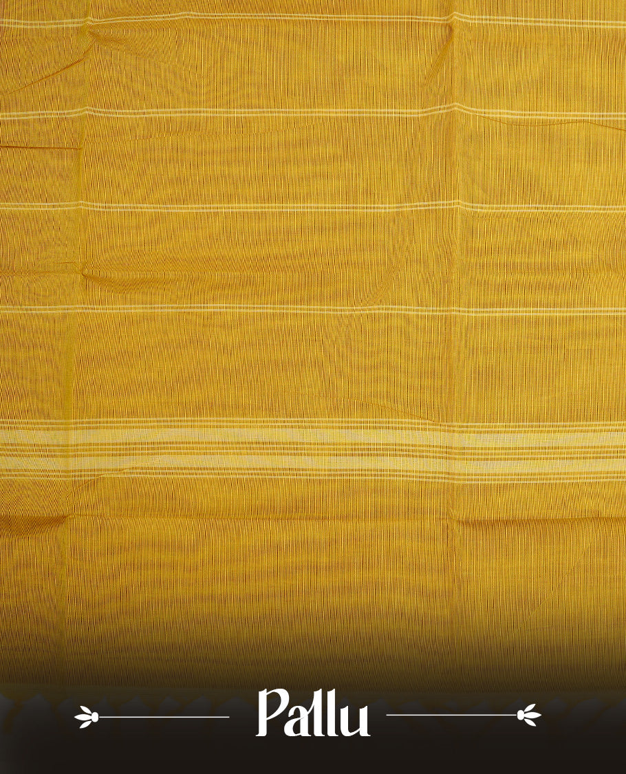 Dark Yellow colour chettinad cotton saree featuring Plain  body, complemented by Contrast Brick Red Colour With Gold Zari border, paired with matching blouse piece.