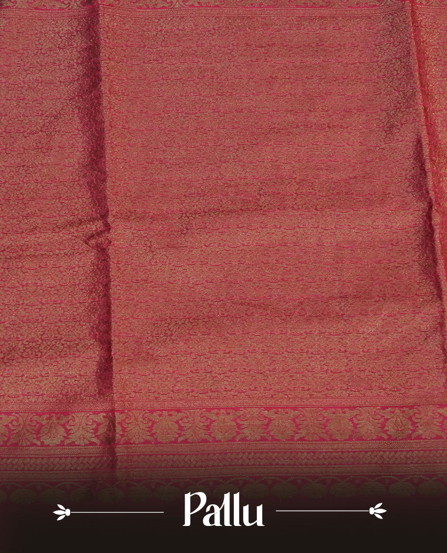 Pink  colour semi linen saree with elegant gold zari floral motifs across the body, complemented by a contrast colour with grand gold zari pallu and a borderless design, paired with a matching blouse piece.