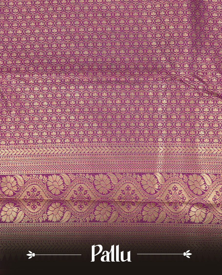 Purple Semi Wedding Silk Saree featuring Gold Zari Check with Motifs On body, Complemented with traditional zari with Self colour border, paired with matching blouse piece.