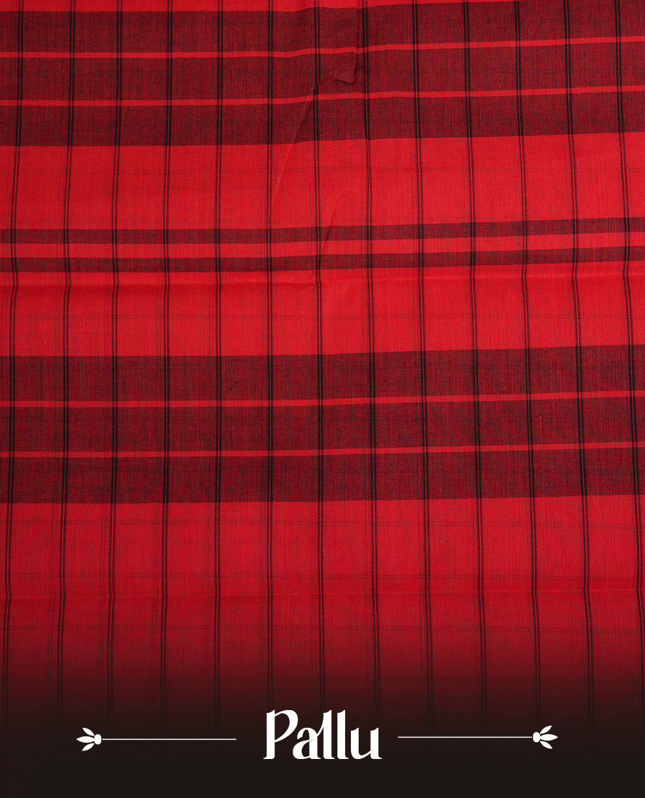 Red Colour Mangalagiri cotton saree  Featuring Black Checks Pattern on Body , complemented by an Temple border & Pallu. Paired with a matching blouse piece