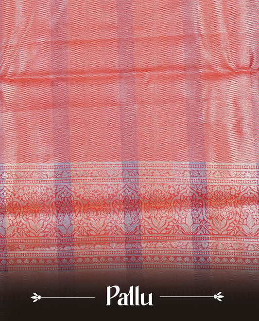 Blue & Yellow Colour Tissue Saree featuring Multi colour Check Design on body, complemented by contrast Red colour with Gold zari border, paired with matching blouse piece.