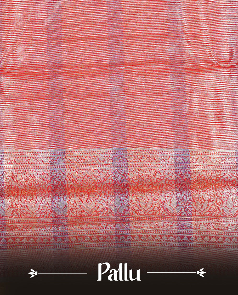 Blue & Yellow Colour Tissue Saree featuring Multi colour Check Design on body, complemented by contrast Red colour with Gold zari border, paired with matching blouse piece.