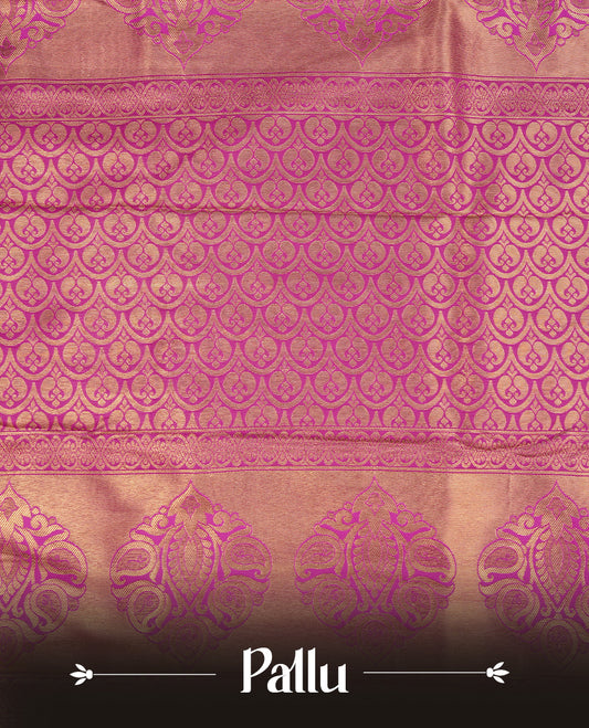 Yellow colour semi wedding saree featuring gold zari floral kode pattern on body, contrast Purple colour with traditional border, paired with matching blouse piece.