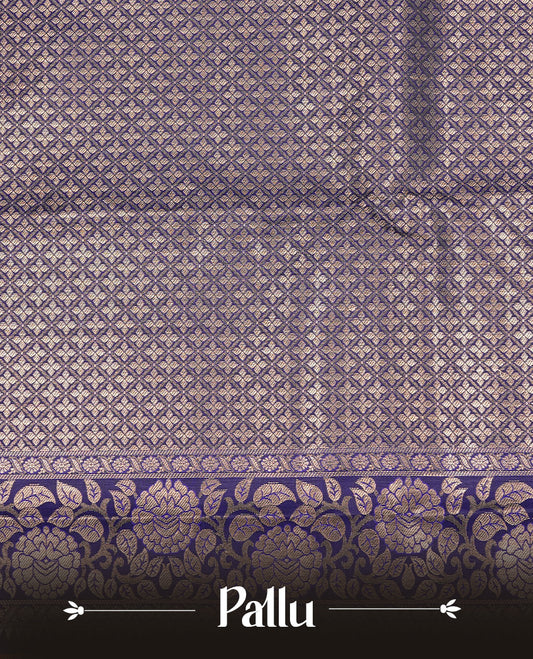 Navy Blue Wedding Silk Saree featuring Gold Zari Check with Motifs On body, Complemented with traditional zari with Self colour border, paired with matching blouse piece.