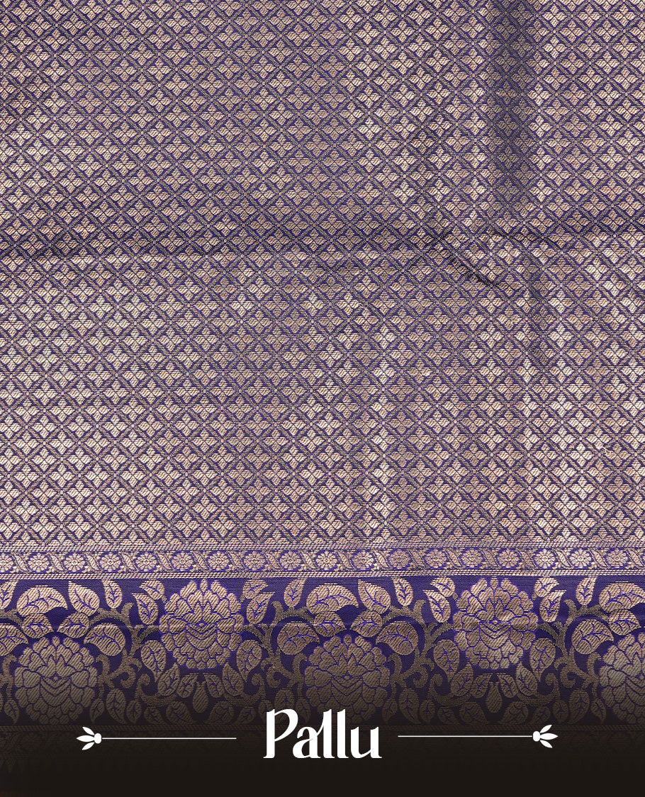 Navy Blue Wedding Silk Saree featuring Gold Zari Check with Motifs On body, Complemented with traditional zari with Self colour border, paired with matching blouse piece.