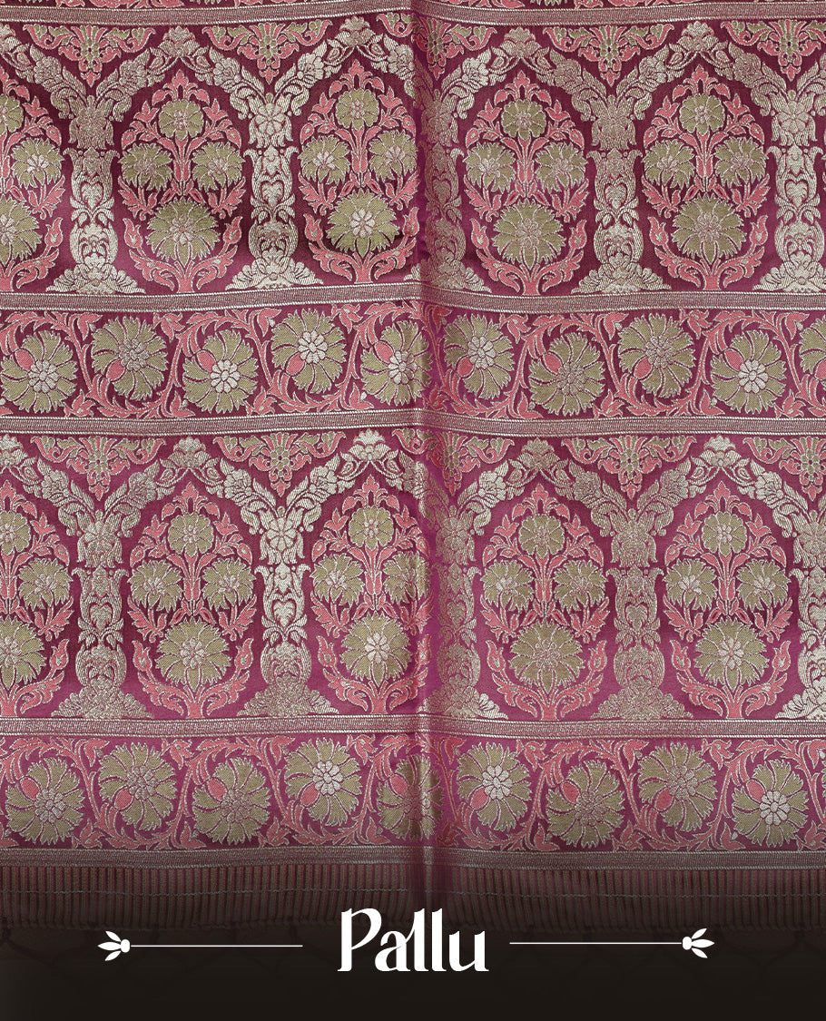 Deep purple colour Mulberry silk saree featuring gold zari elephant & floral kodi pattern across body, complemented by self colour border with gold zari work, comes with matching blouse piece.