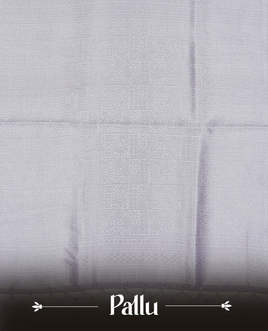Pink colour semi silk saree featuring Silver zari Design pattern on body, complemented by contrast Lavender colour with silver zari border, comes with matching blouse piece.