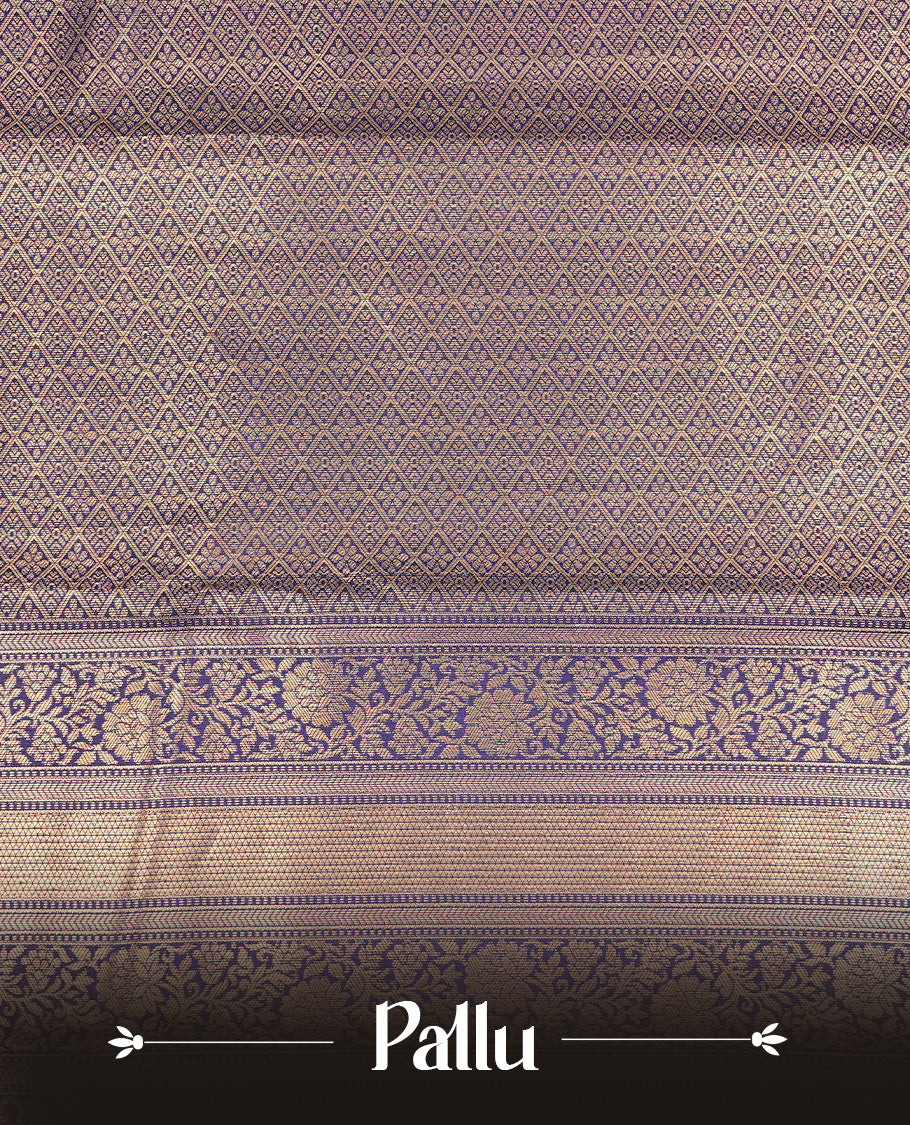 Navy Blue Colour Wedding Silk Saree Featuring Gold zari check pattern on body, complemented by traditional Zari pattern on self colour border, paired with matching blouse piece.