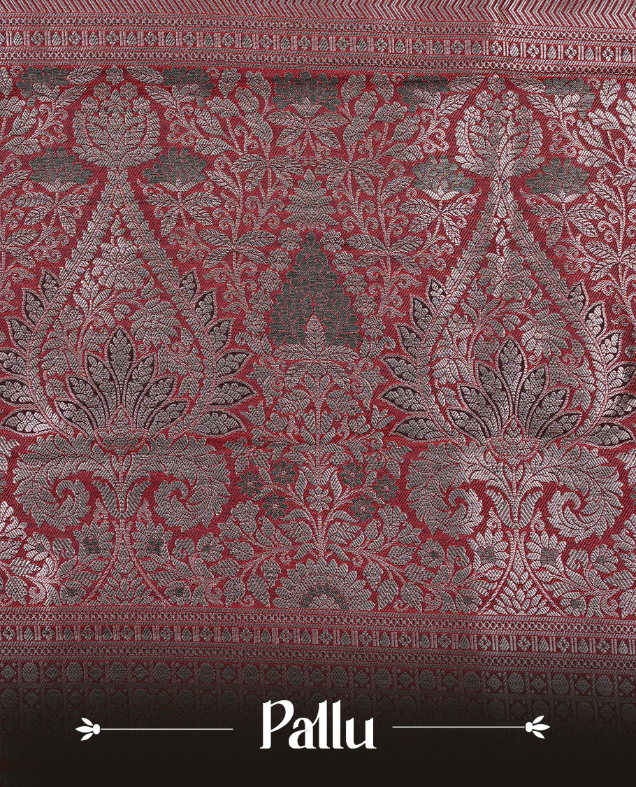 Dark chocolate colour semi wedding silk saree featuring Rose Gold zari Floral kodi pattern with Silver zari peacock motifs on body, complemented Rose gold zari border, paired with matching blouse piece.