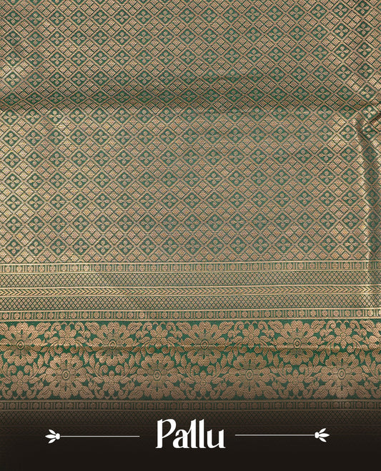 Green Semi Wedding Silk Saree featuring Gold Zari Check with Motifs On body, Complemented with traditional zari with Self colour border with, paired with matching blouse piece.