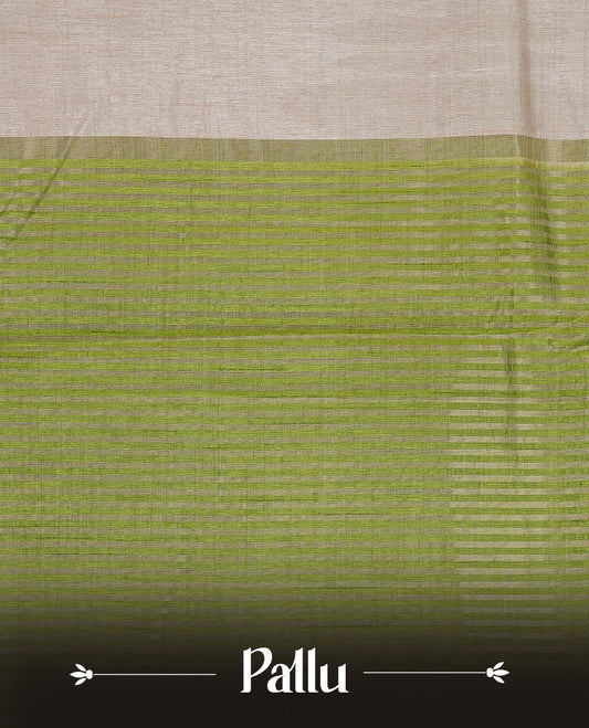 Cream colour Tussar silk saree Featuring Elegant Plain body, complemented by Contrast Light green colour with gold zari border, paired with matching blouse piece.