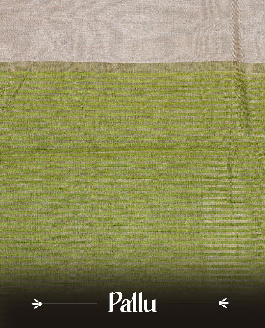 Cream colour Tussar silk saree Featuring Elegant Plain body, complemented by Contrast Light green colour with gold zari border, paired with matching blouse piece.
