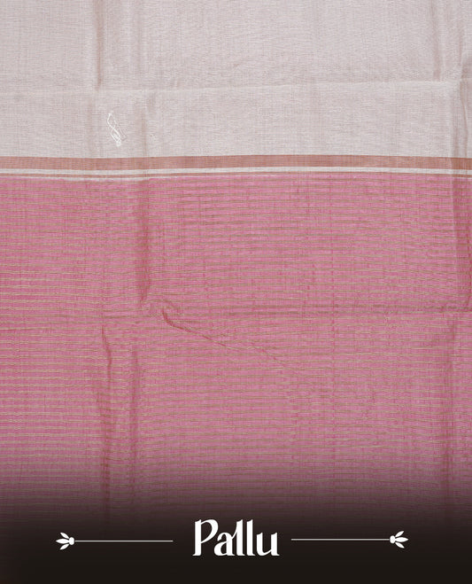 White cream colour Semi Tussar silk saree featuring an elegant plain body, accentuated by a contrast Pink border adorned with intricate gold zigzag zari work, paired with a matching blouse piece.