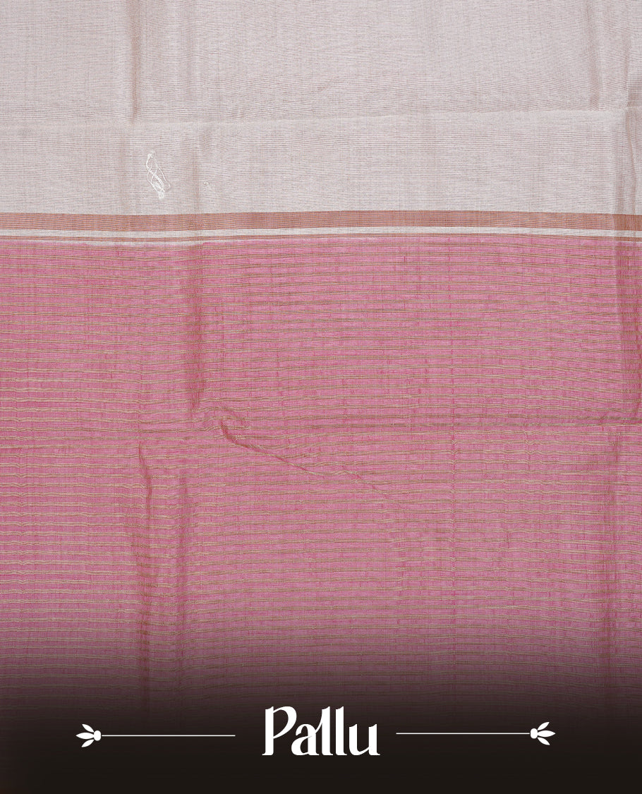 White cream colour Semi Tussar silk saree featuring an elegant plain body, accentuated by a contrast Pink border adorned with intricate gold zigzag zari work, paired with a matching blouse piece.