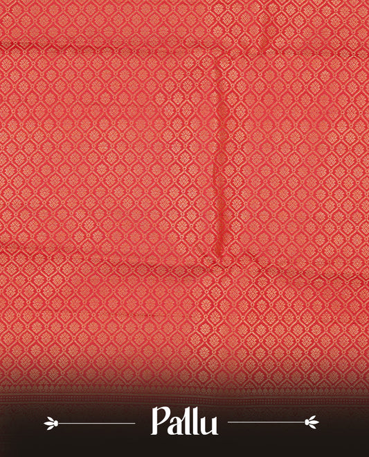 Cream colour Traditional Kancheepuram silk saree featuring gold zari motifs on body, enhanced with contrast Red with traditional border, paired with matching blouse piece.