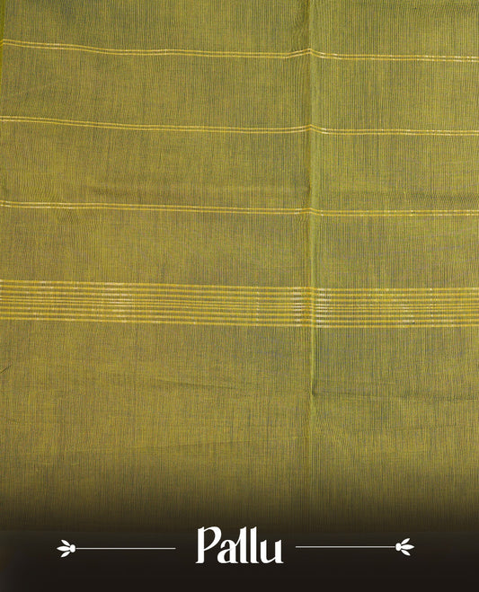Green colour Chettinad cotton saree featuring Elegant plain body, complemented by contrast blue colour with Gold zari peacock pattern on body, paired with matching blouse piece.