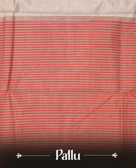 Cream colour Semi Tussar silk saree featuring an elegant plain body, accentuated by a contrast Red border adorned with intricate gold zari work, paired with a matching blouse piece.