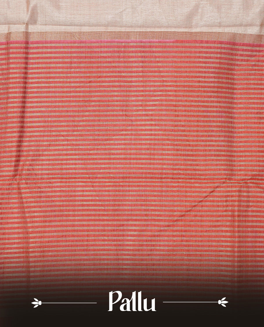 Cream colour Semi Tussar silk saree featuring an elegant plain body, accentuated by a contrast Red border adorned with intricate gold zari work, paired with a matching blouse piece.