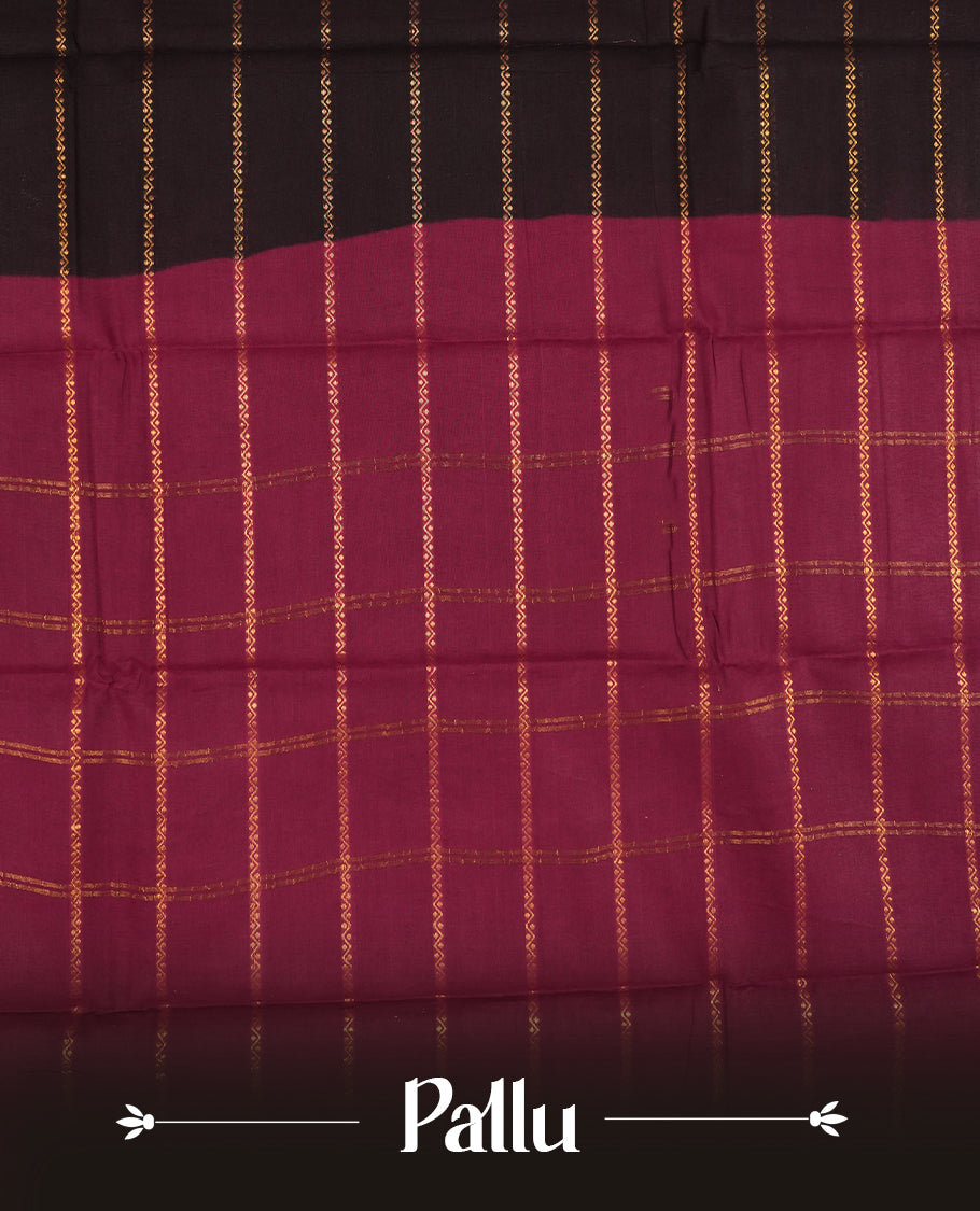 Black colour Chettinad cotton saree featuring golden horizontal stripes across the body, accentuated by a burgundy colour border with intricate golden motifs & Comes with a matching blouse piece.
