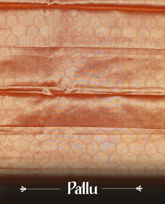 Red & gold colour Tissue silk saree featuring Maroon & Silver zari kodi pattern on body, enhanced with Zari border on self colour, paired with matching blouse piece.
