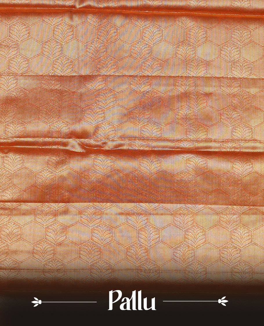 Red & gold colour Tissue silk saree featuring Maroon & Silver zari kodi pattern on body, enhanced with Zari border on self colour, paired with matching blouse piece.