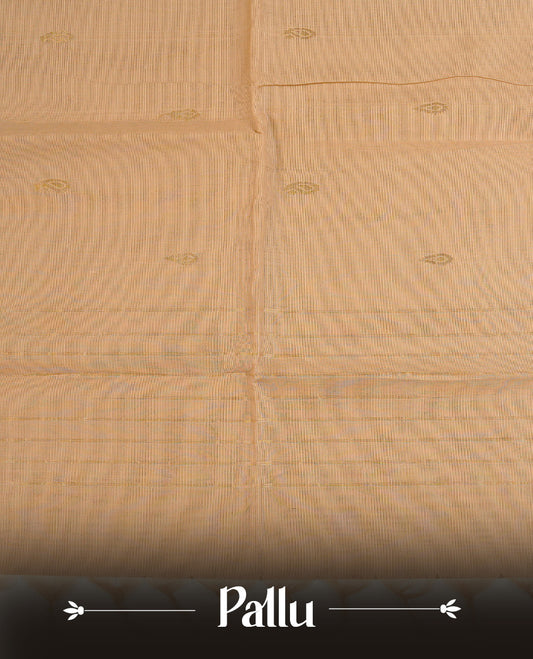 Cream colour chettinad cotton saree featuring Gold zari motifs on body, complemented by Grey with gold zari border, paired with matching blouse piece.