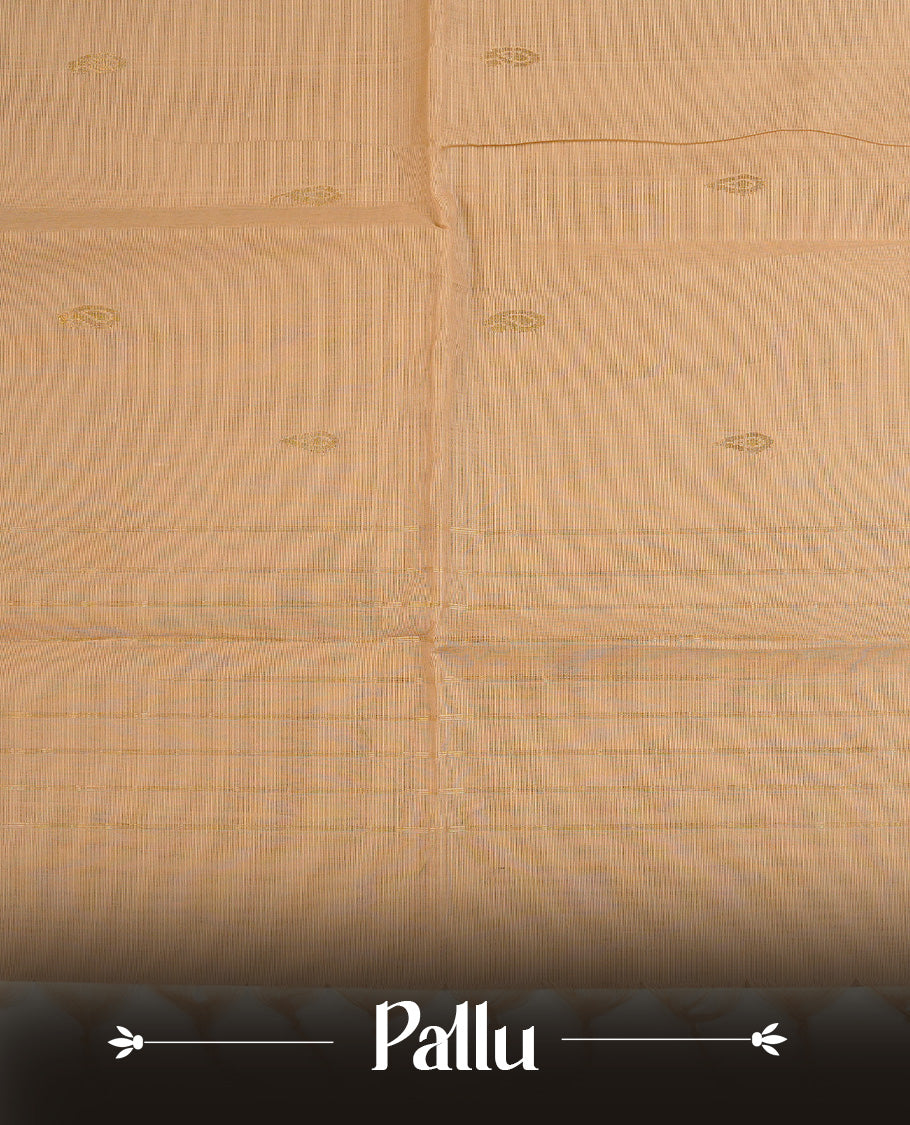 Cream colour chettinad cotton saree featuring Gold zari motifs on body, complemented by Grey with gold zari border, paired with matching blouse piece.