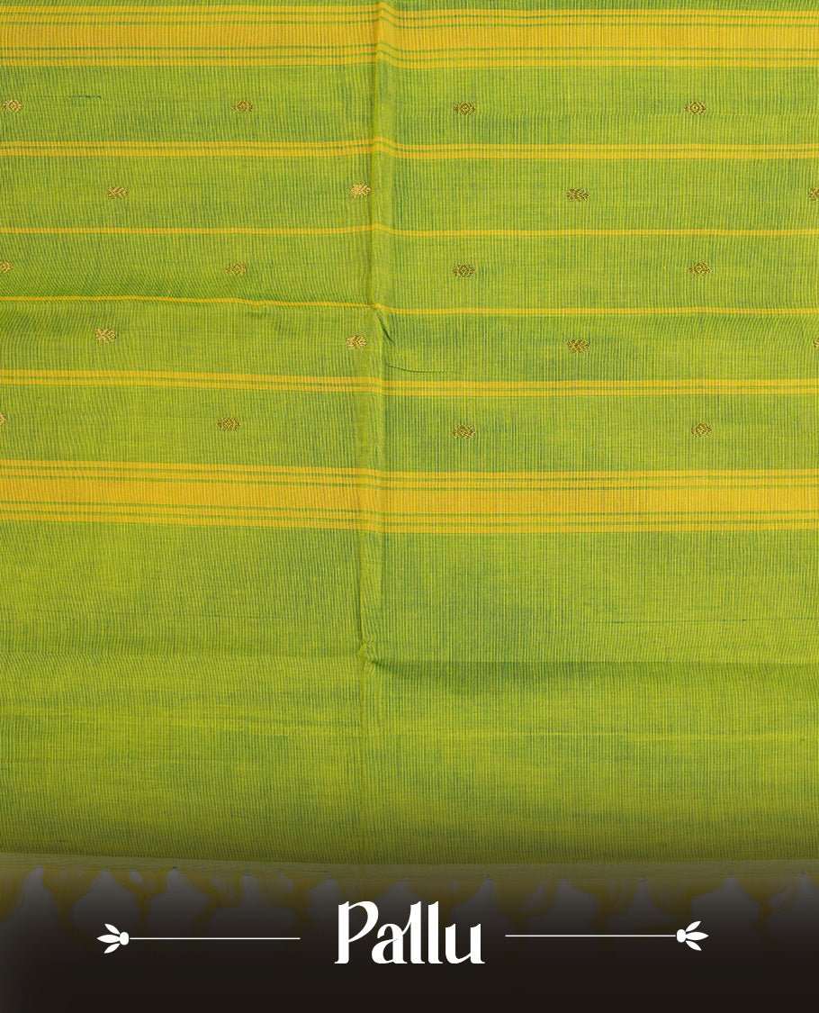 Light Green  colour chettinad cotton saree featuring  Gold Motifs  on body, complemented by Contrast  Forest Green Colour With Gold Zari border, paired with matching blouse piece.